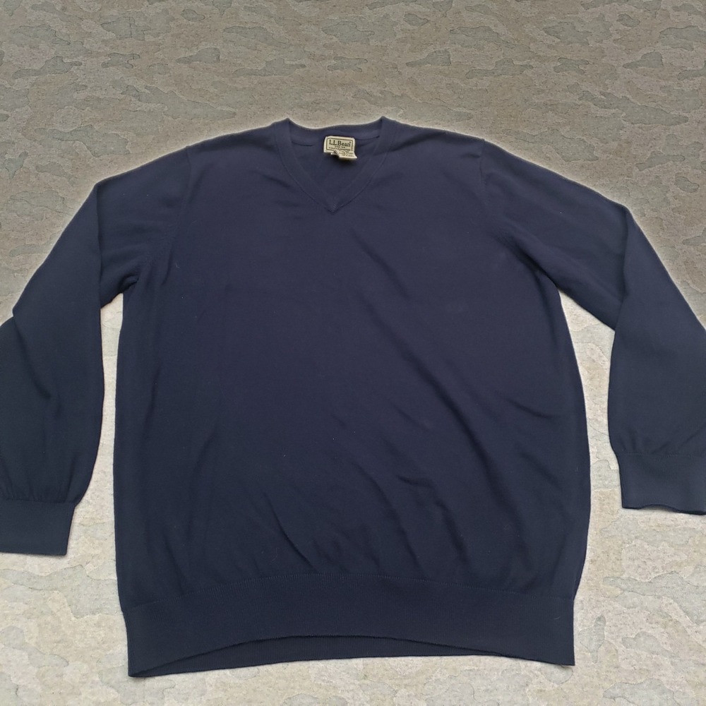 L.L. Bean Sweater Mens XL Blue Cashmere Blend Pullover V-Neck Long Sleeve